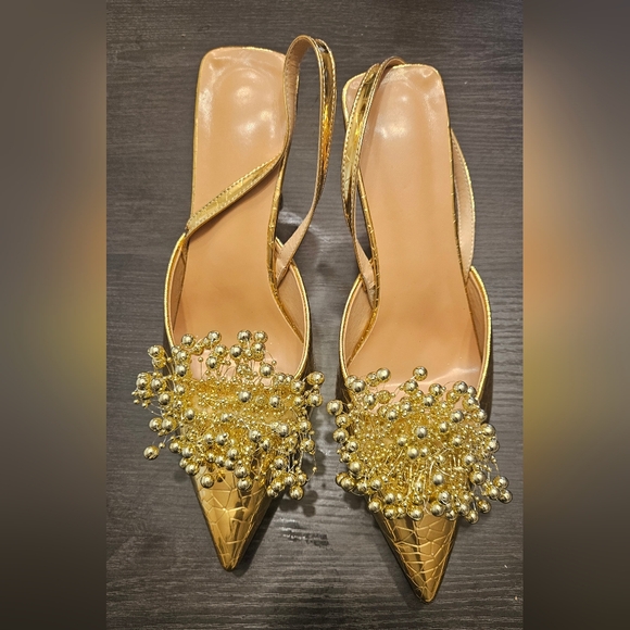 Shoes - Gold Beaded Pointed Slingback Heels